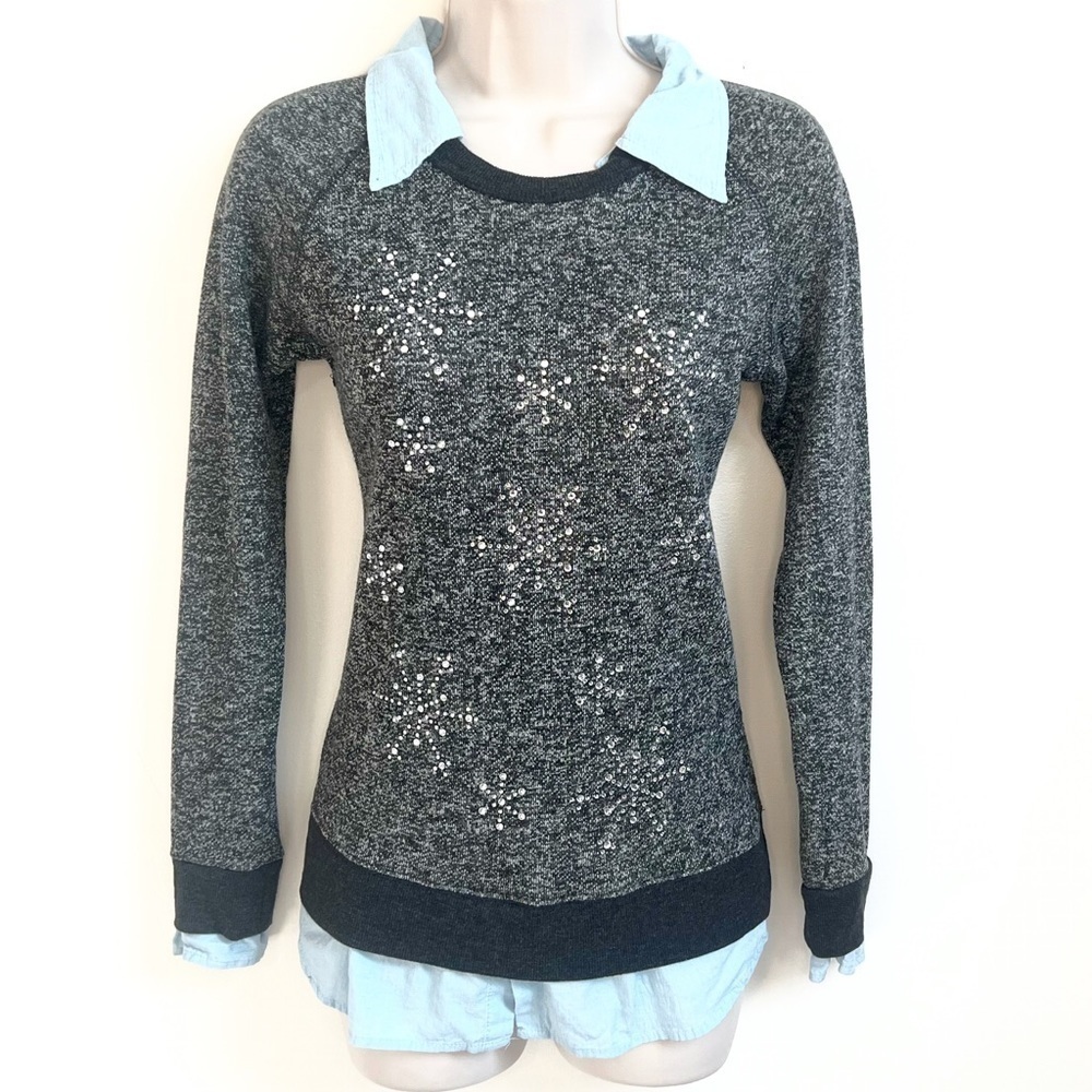 Planet Gold Snowflake Pullover Sweater Blouse Long Sleeve Collared Top Juniors M